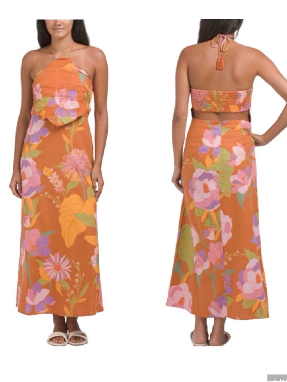Caroline Constas Orange Floral Halter Maxi with Pink & Lavender Blooms